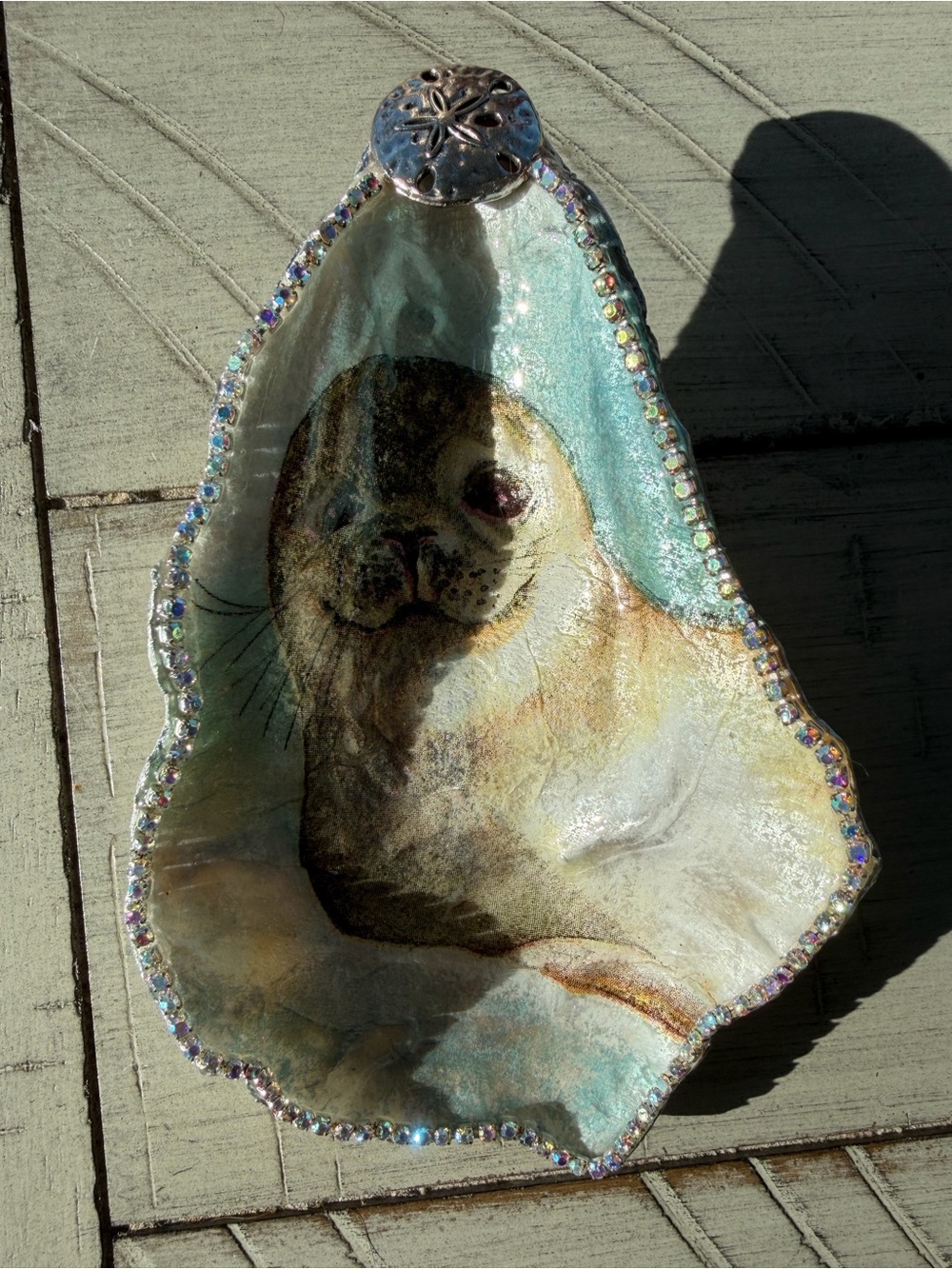 Handmade seal decoupage oyster shell trinket dish with rhinestones